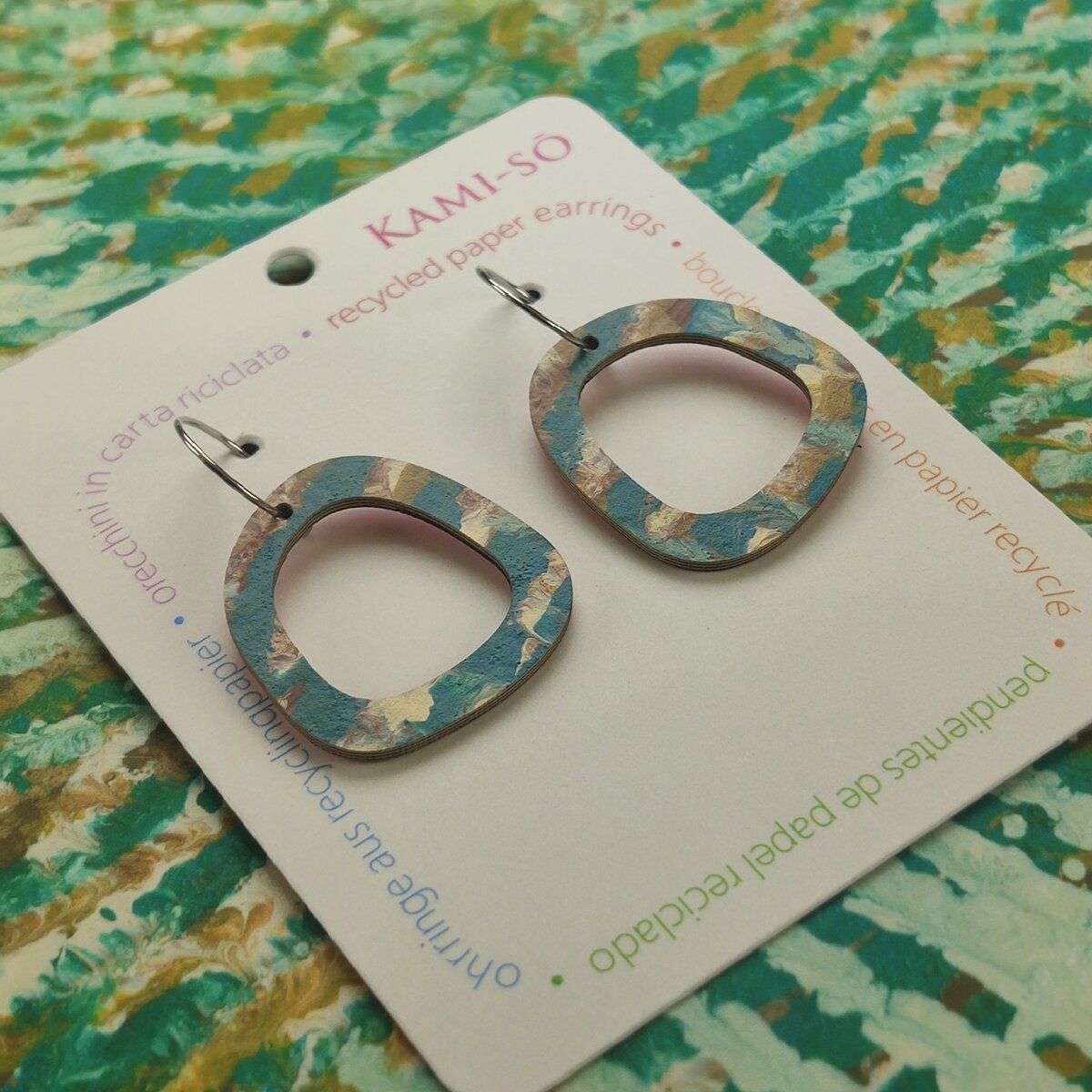 Mini Recycled Paper Earrings - Blue, Green & Cream