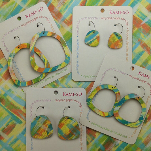 Square Recycled Paper Earrings - Yellow, Orange & Blue