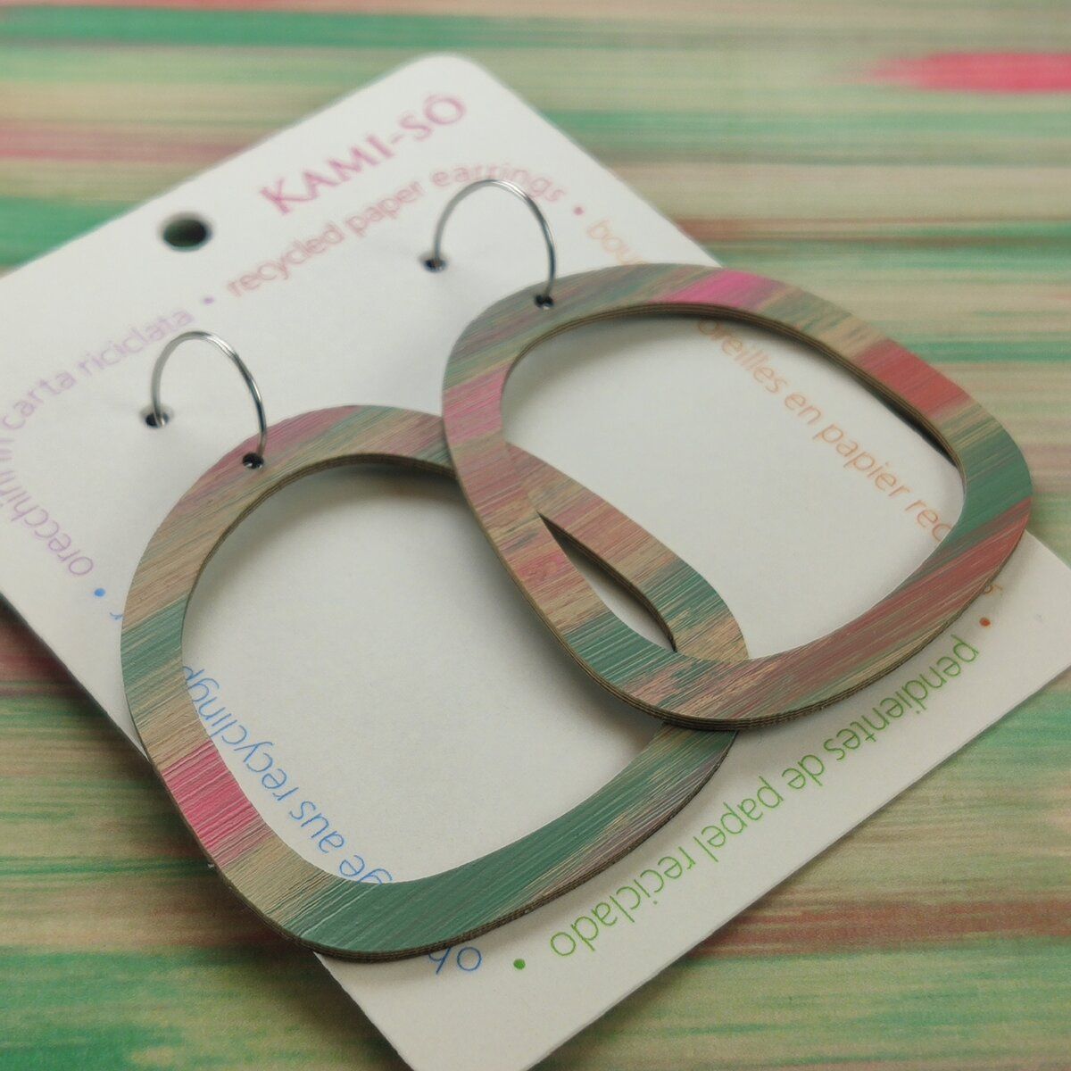 Square Recycled Paper Earrings - Light Brown, Green & Pink