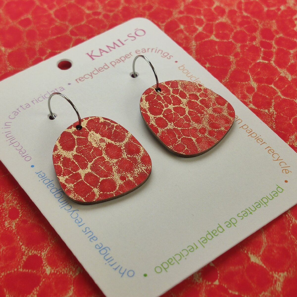 Square Recycled Paper Earrings - Red & Gold Crackle