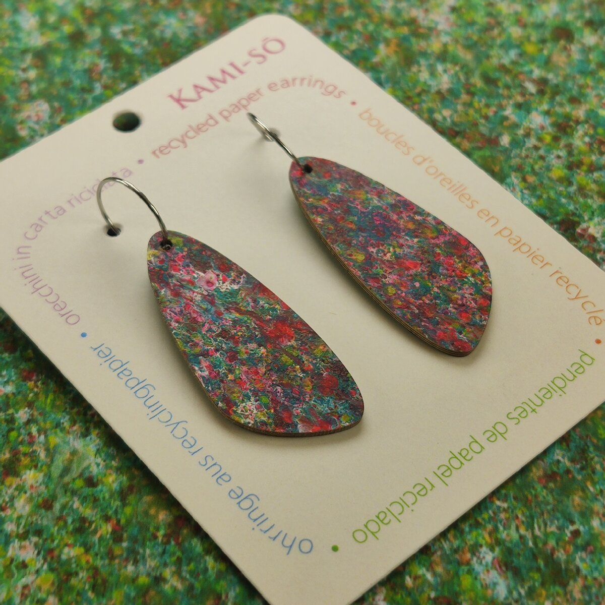 Oval Recycled Paper Earrings - Green & Pink Speckle
