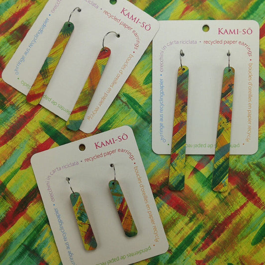 Paddle Recycled Paper Earrings - Yellow, Orange, Blue & Red