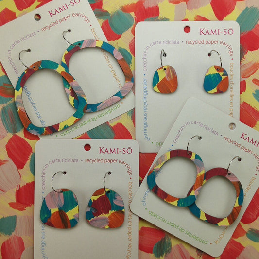 Square Recycled Paper Earrings - Yellow, Blue & Orange