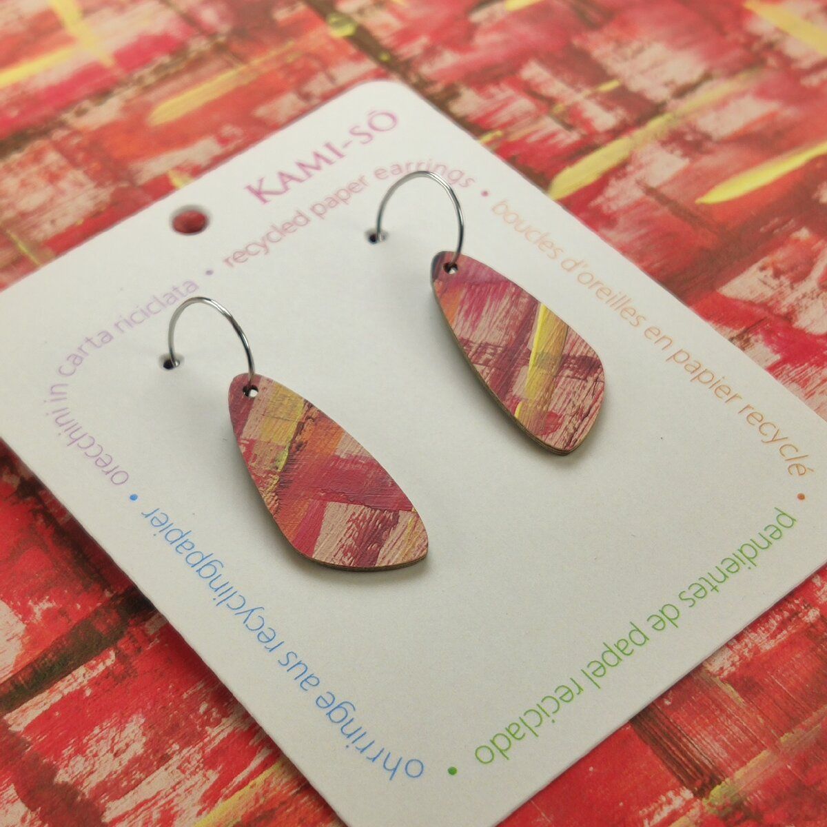 Oval Recycled Paper Earrings - Red, Brown & Yellow
