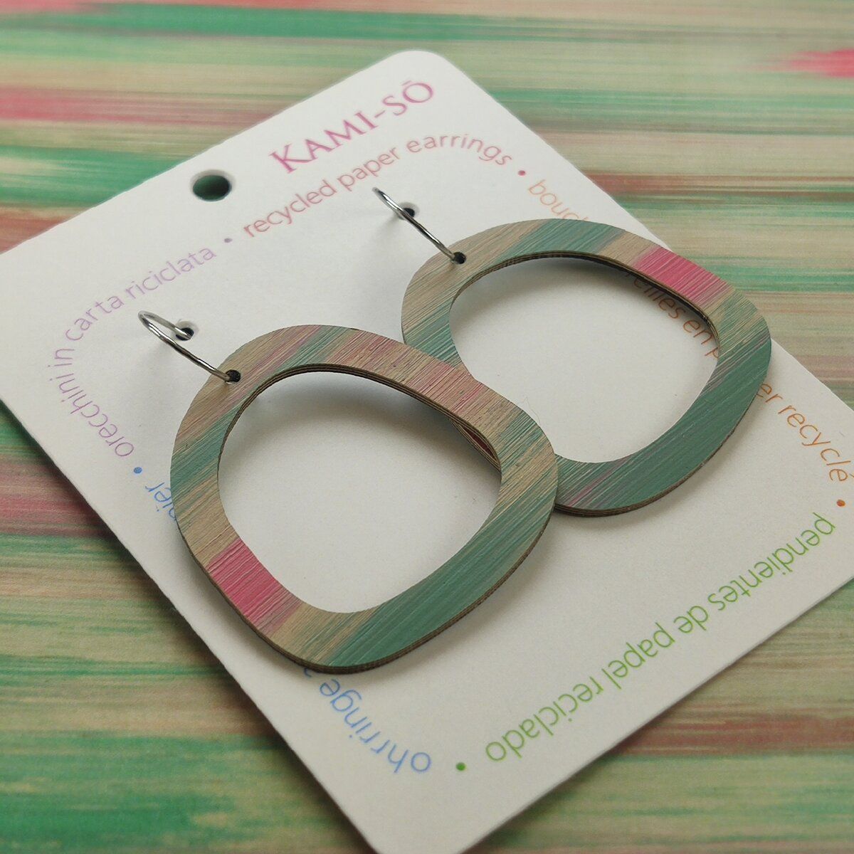 Square Recycled Paper Earrings - Light Brown, Green & Pink