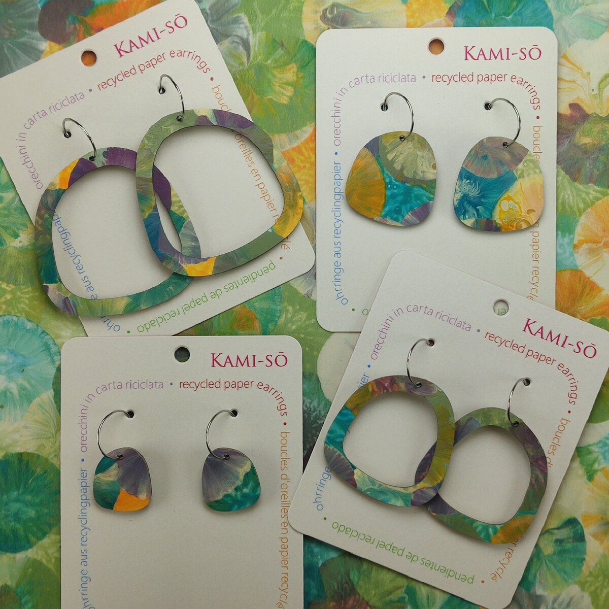 Square Recycled Paper Earrings - Teal, Orange & Lilac