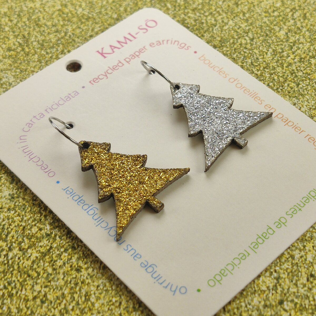 Christmas Tree Recycled Paper Earrings - Silver Sparkle / Gold Sparkle