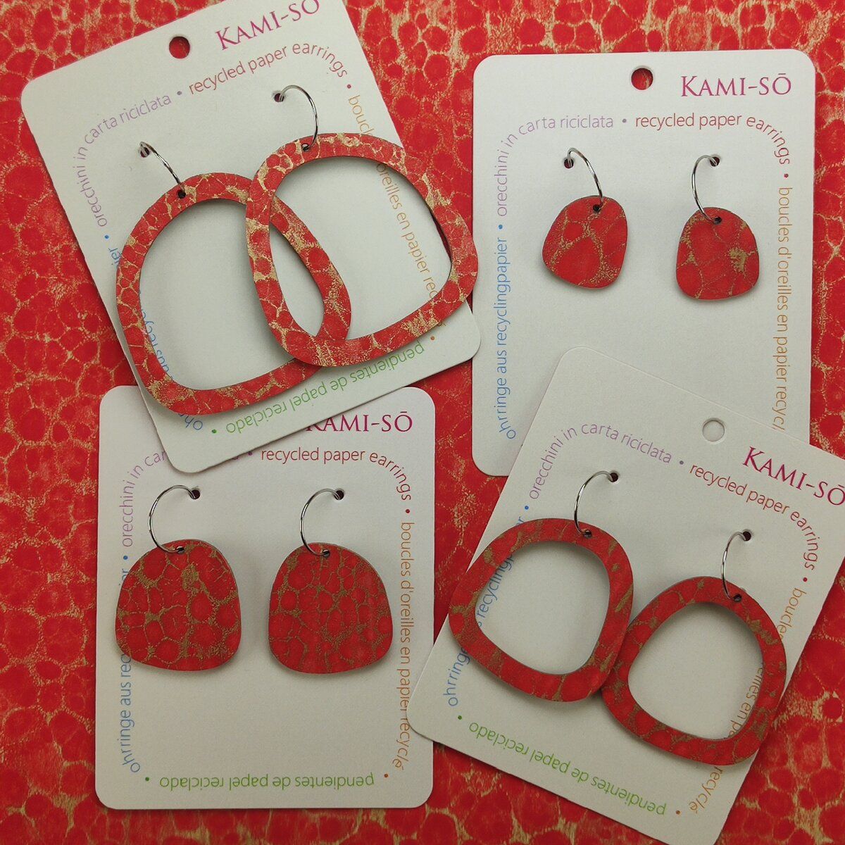 Square Recycled Paper Earrings - Red & Gold Crackle