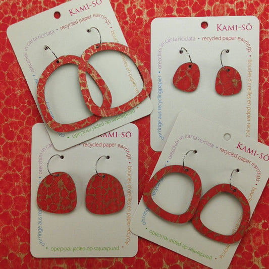 Square Recycled Paper Earrings - Red & Gold Crackle