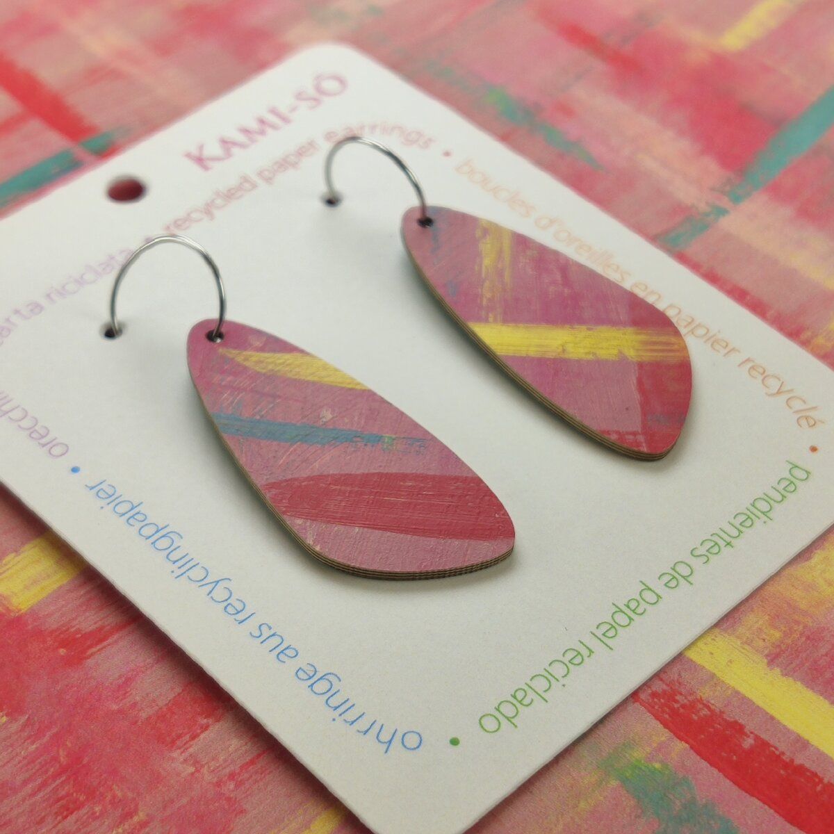Oval Recycled Paper Earrings - Pink, Yellow, Red & Blue