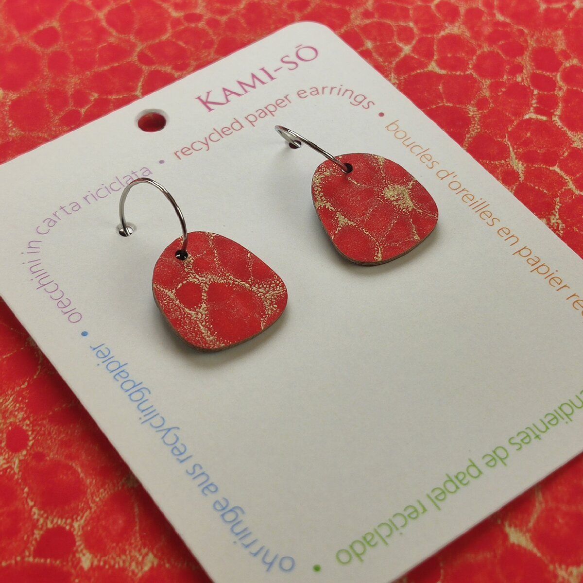 Square Recycled Paper Earrings - Red & Gold Crackle