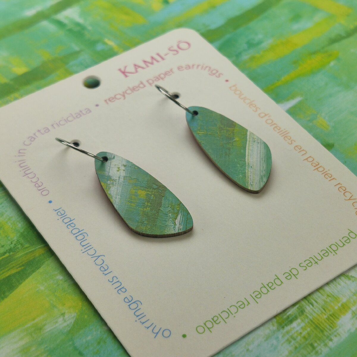 Oval Recycled Paper Earrings - Green, Yellow & White