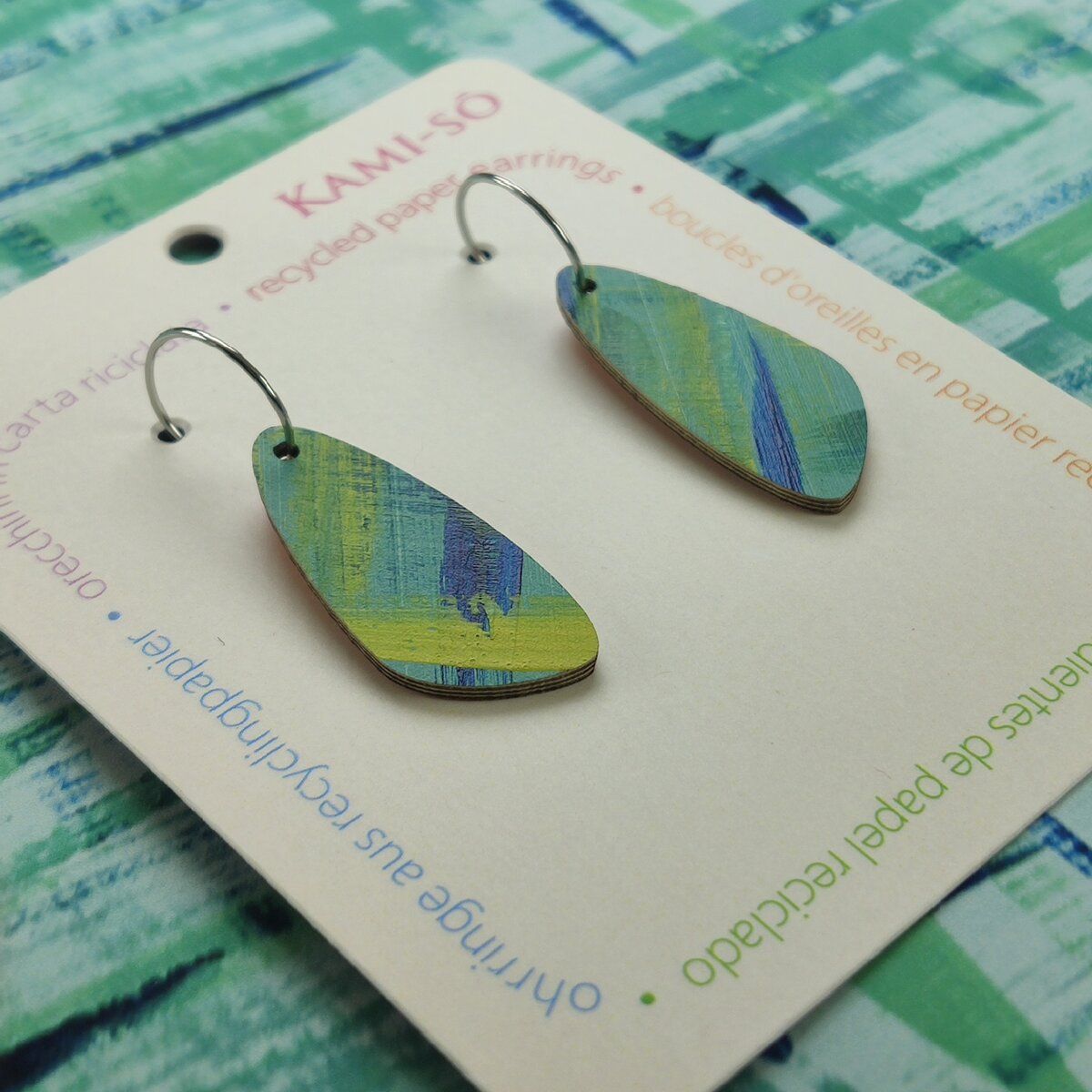 Oval Recycled Paper Earrings - Teal, Yellow, White & Blue