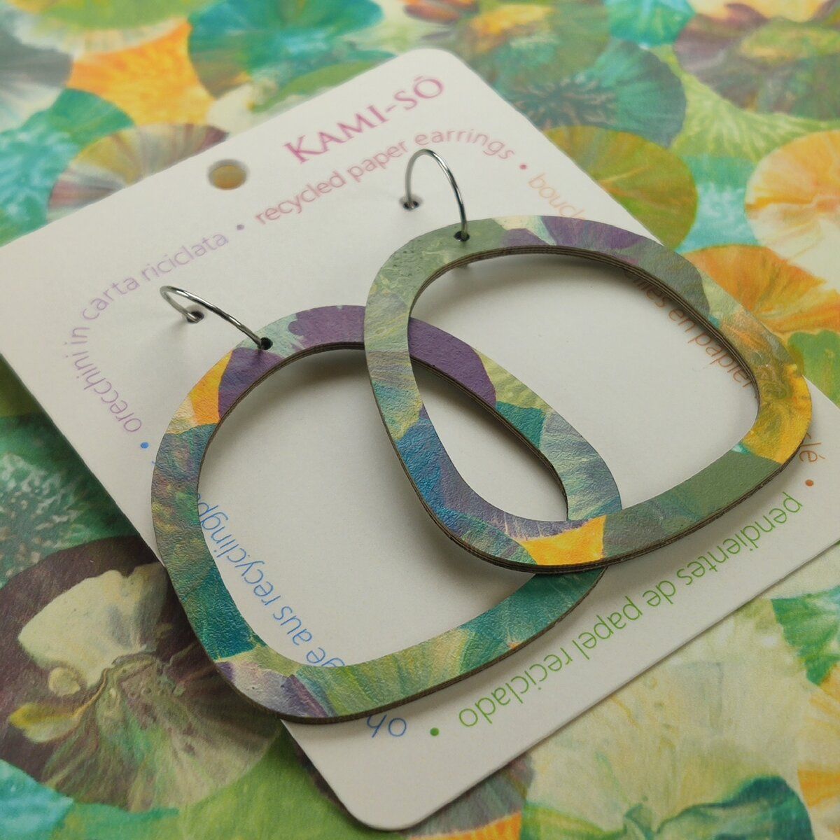Square Recycled Paper Earrings - Teal, Orange & Lilac