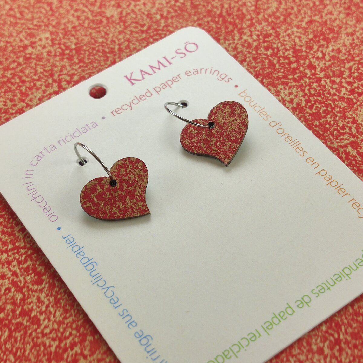 Heart Recycled Paper Earrings - Maroon & Gold Crackle