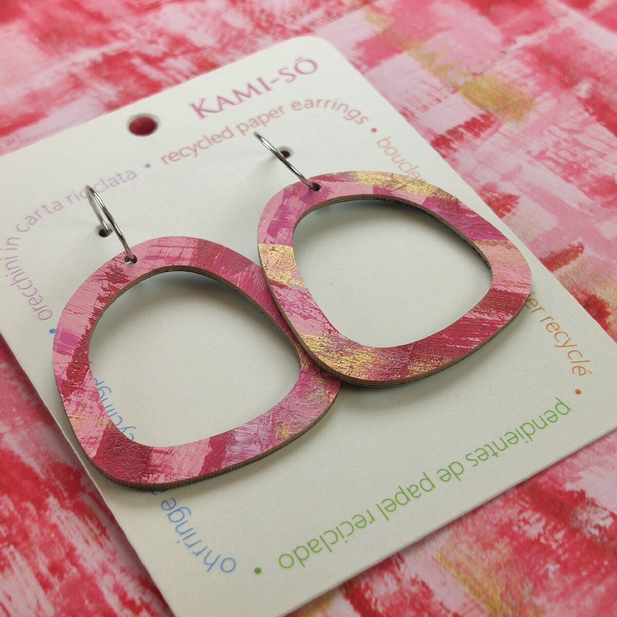 Square Recycled Paper Earrings - Pink & Gold