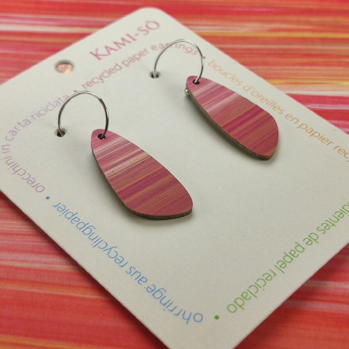 Oval Recycled Paper Earrings - Pink Stripe