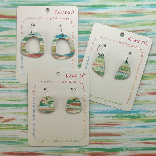 Mini Recycled Paper Earrings - Green, Blue & Orange