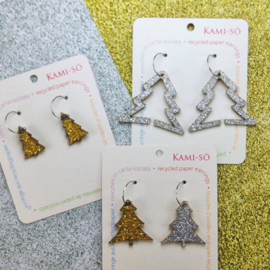 Christmas Tree Recycled Paper Earrings - Silver Sparkle / Gold Sparkle