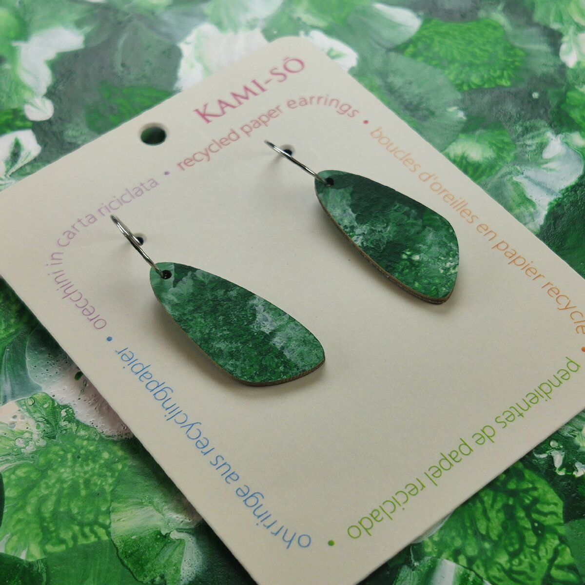 Oval Recycled Paper Earrings - Green & White