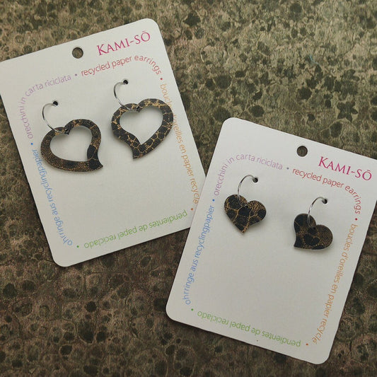 Heart Recycled Paper Earrings - Dark Gold Crackle