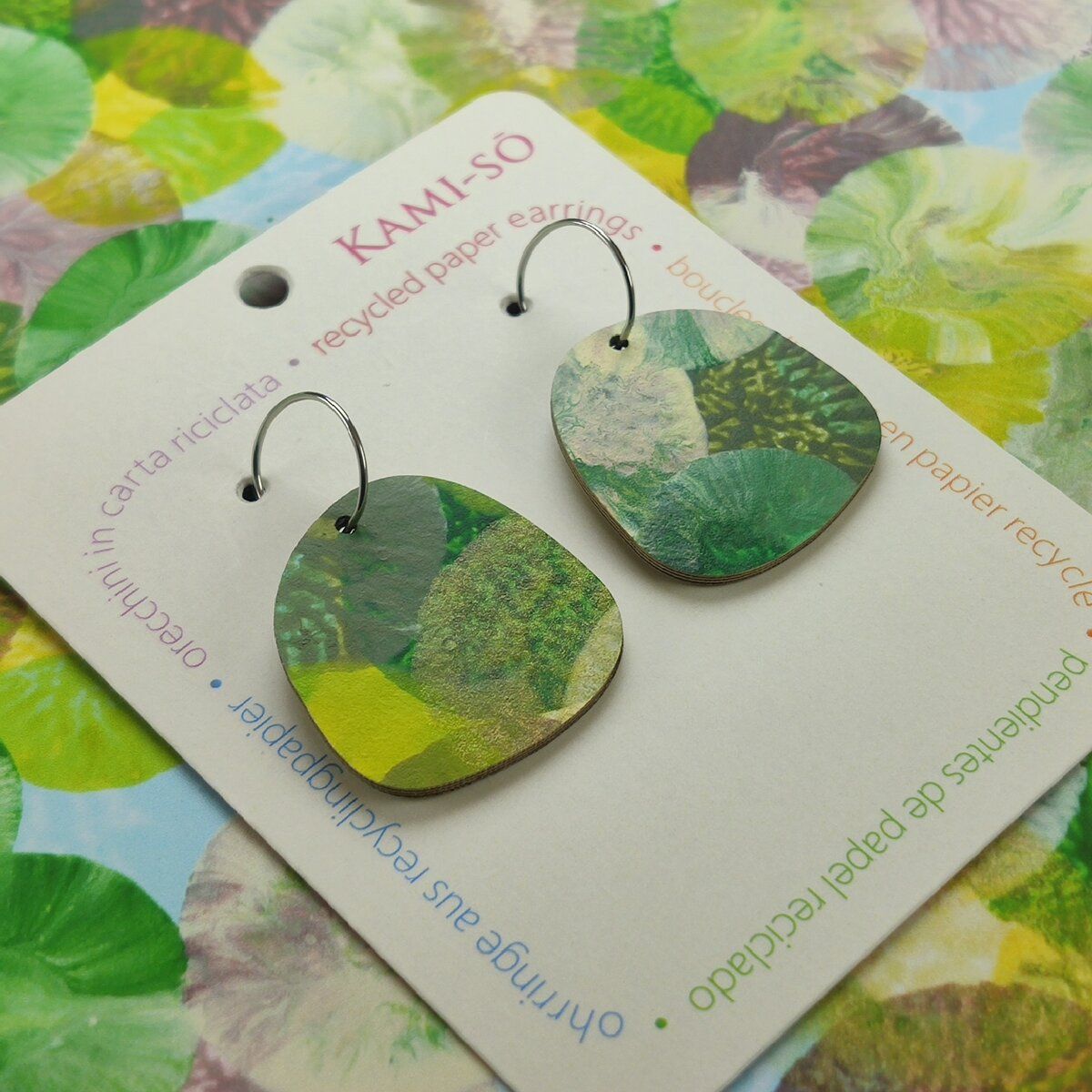 Square Recycled Paper Earrings - Green, Lilac & Blue