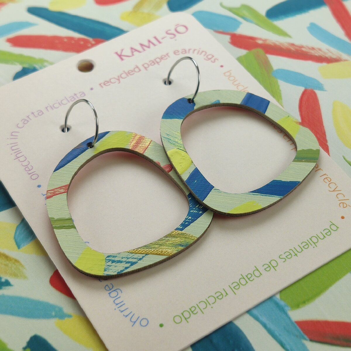 Square Recycled Paper Earrings - Mint, Yellow, Blue & Red