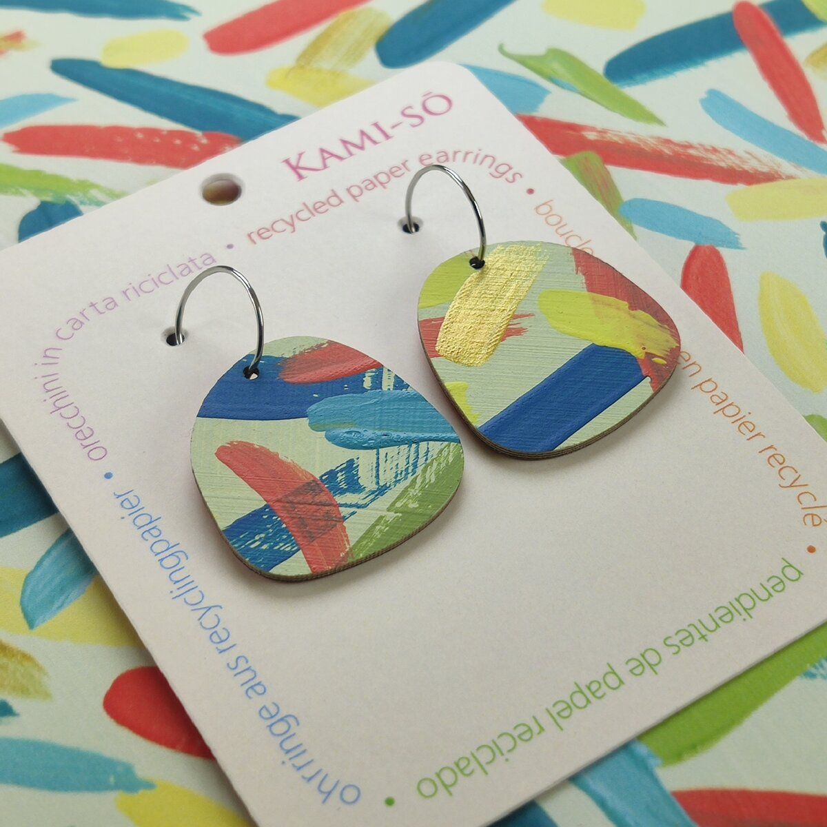 Square Recycled Paper Earrings - Mint, Yellow, Blue & Red