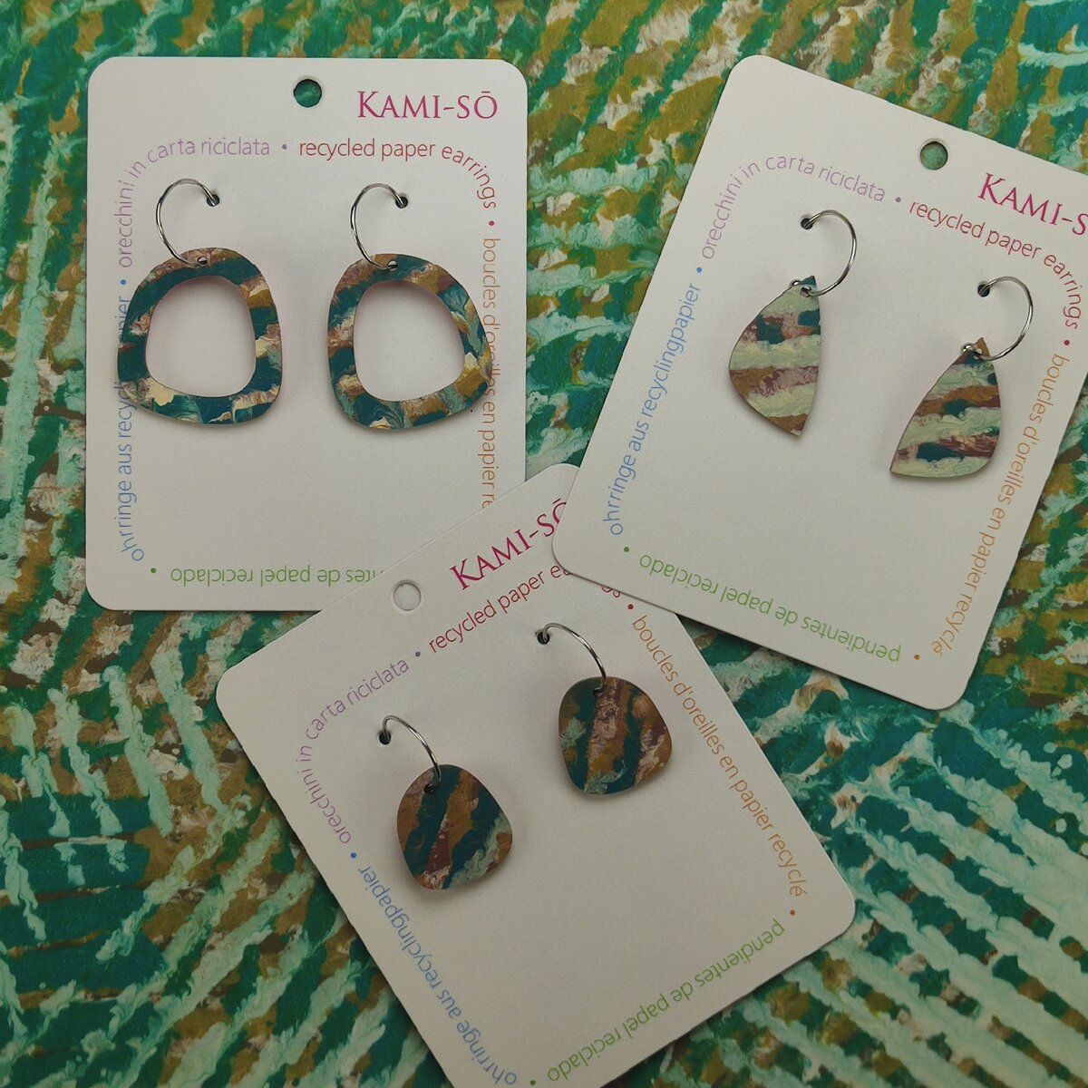 Mini Recycled Paper Earrings - Blue, Green & Cream
