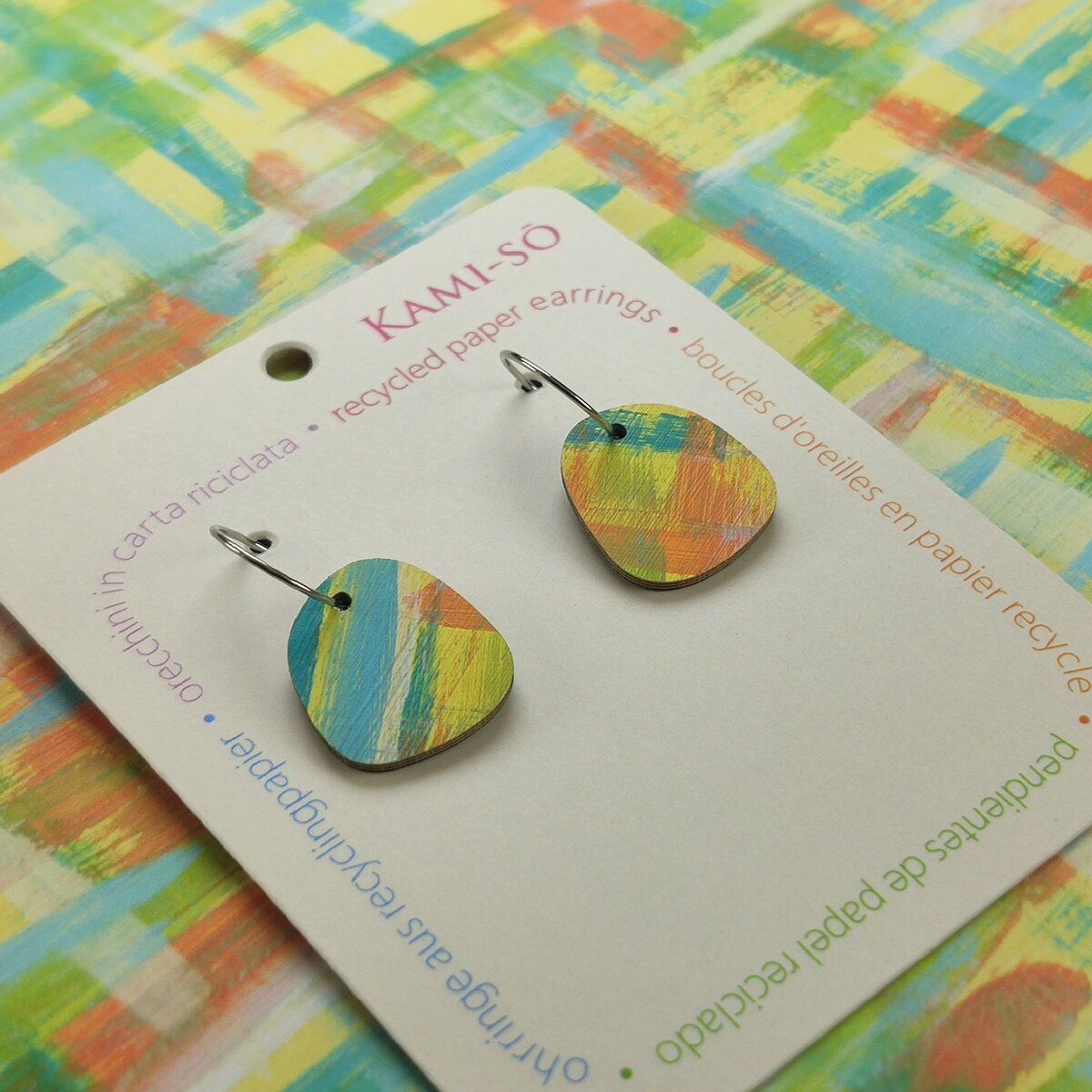 Square Recycled Paper Earrings - Yellow, Orange & Blue