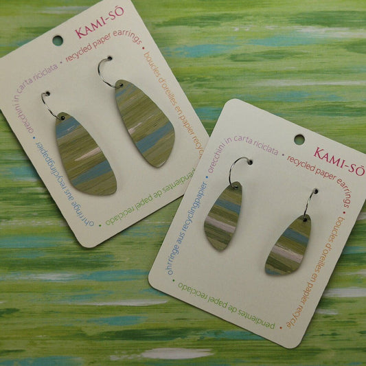 Oval Recycled Paper Earrings - Khaki & Blue