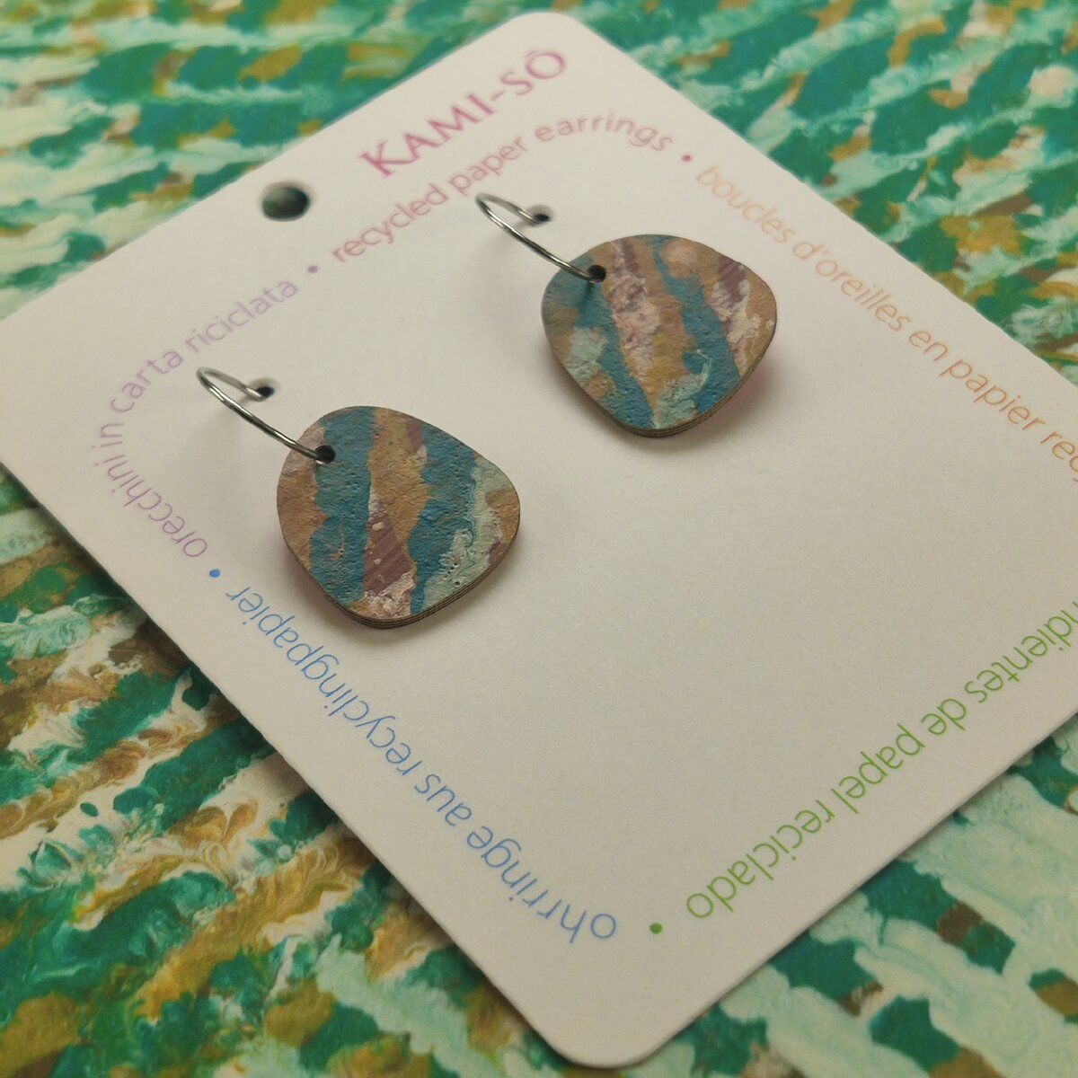 Mini Recycled Paper Earrings - Blue, Green & Cream