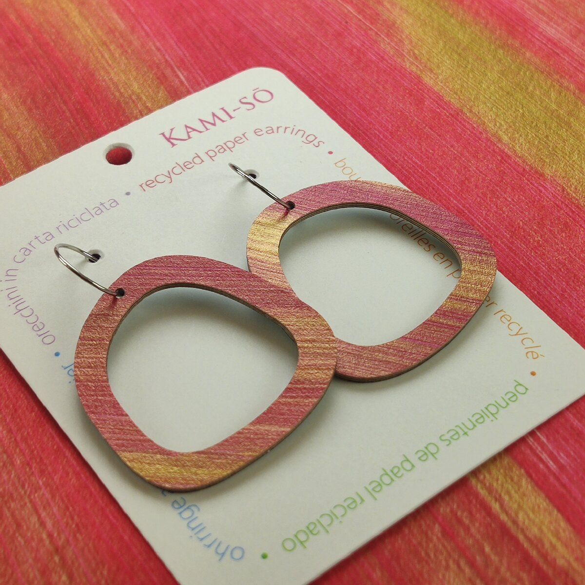 Square Recycled Paper Earrings - Magenta & Gold
