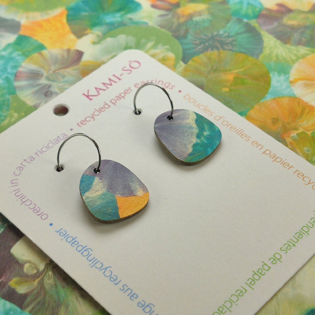 Square Recycled Paper Earrings - Teal, Orange & Lilac