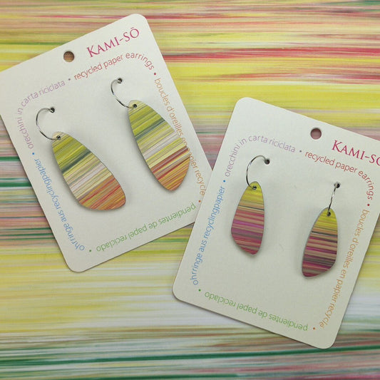 Oval Recycled Paper Earrings - Green & Magenta Stripe