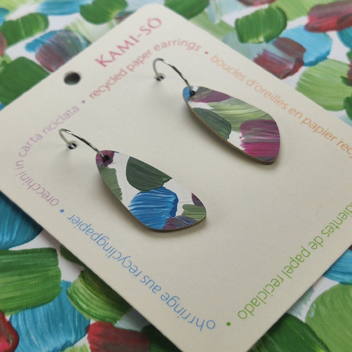Oval Recycled Paper Earrings - Magenta, Khaki & Blue