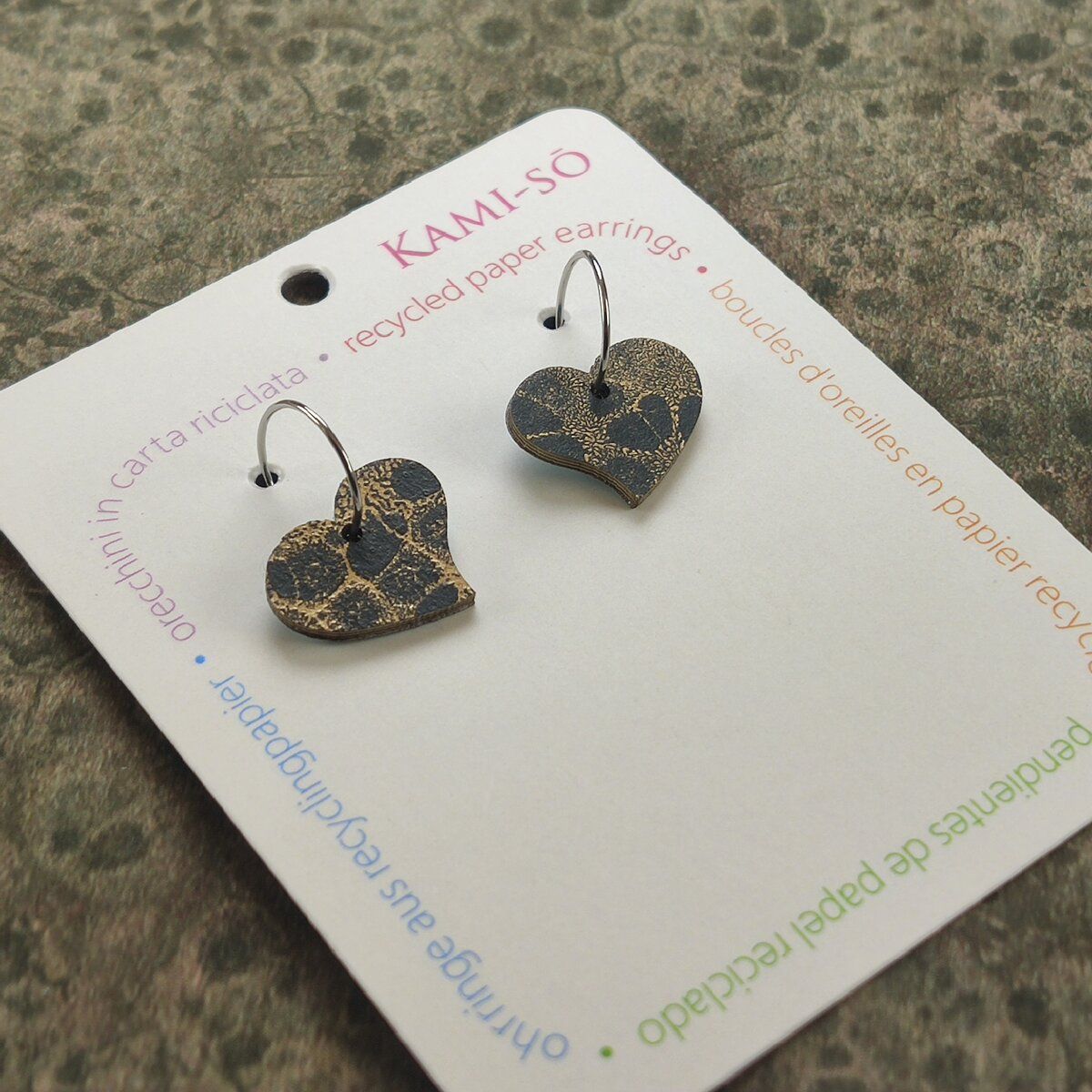 Heart Recycled Paper Earrings - Dark Gold Crackle