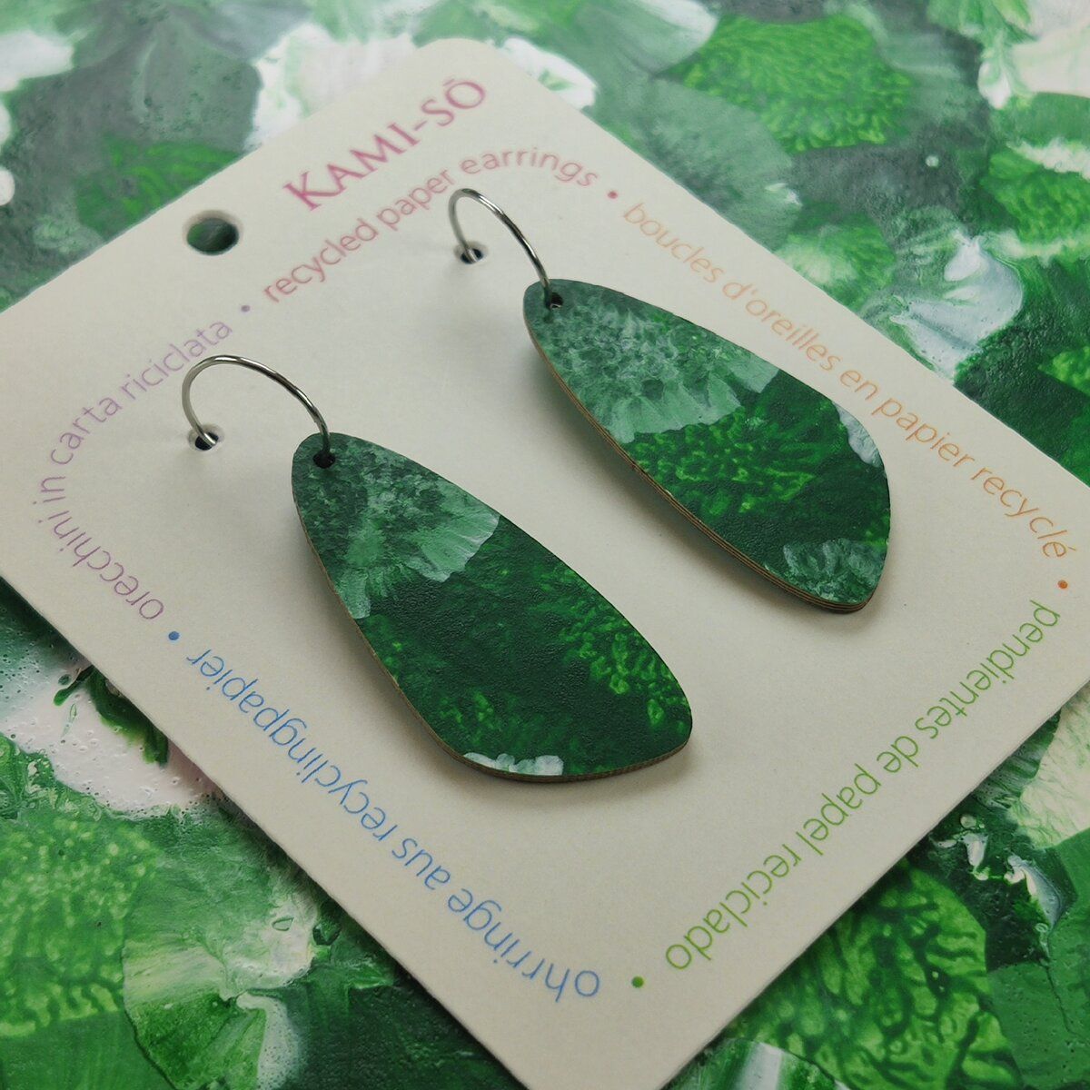 Oval Recycled Paper Earrings - Green & White