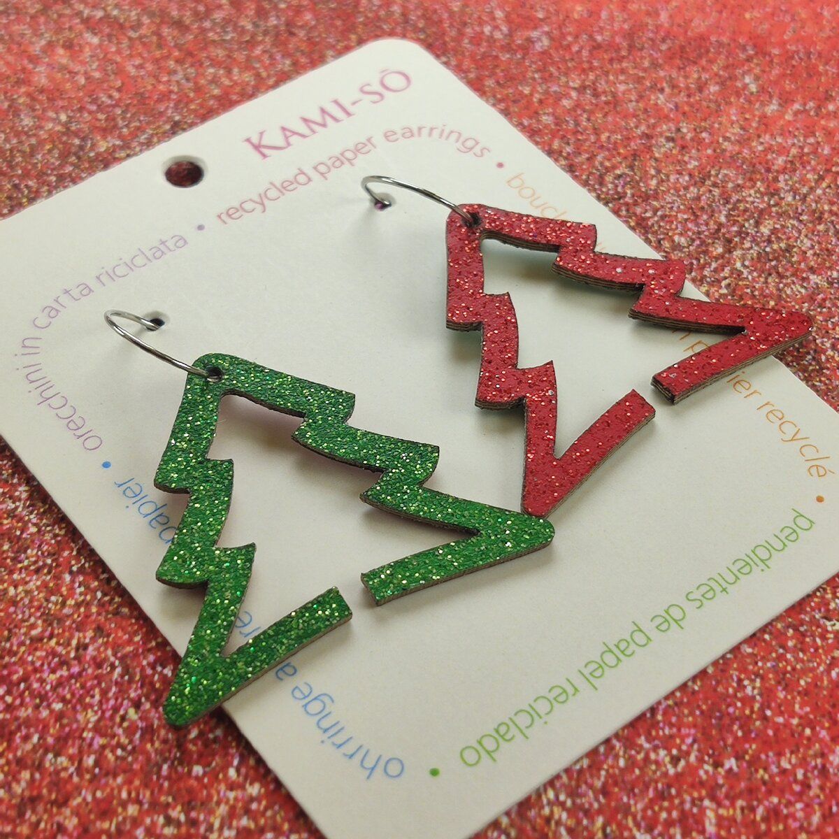 Christmas Tree Recycled Paper Earrings - Red Sparkle / Green Sparkle