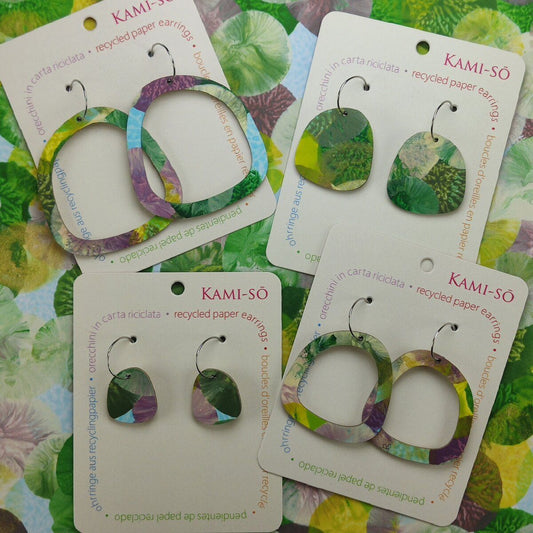 Square Recycled Paper Earrings - Green, Lilac & Blue