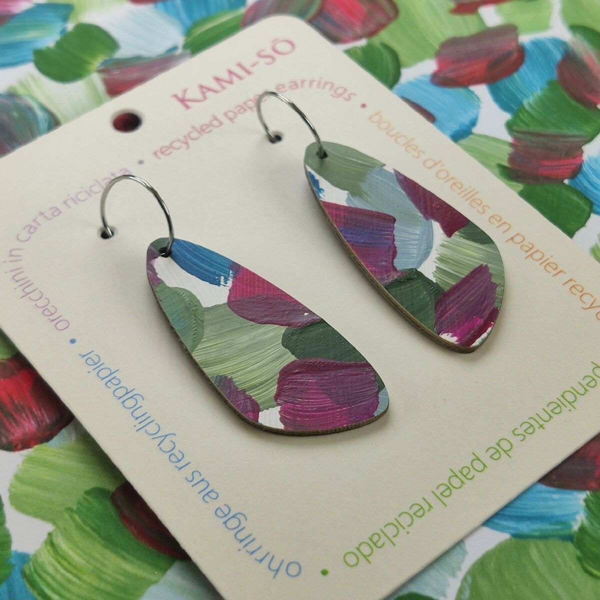 Oval Recycled Paper Earrings - Magenta, Khaki & Blue