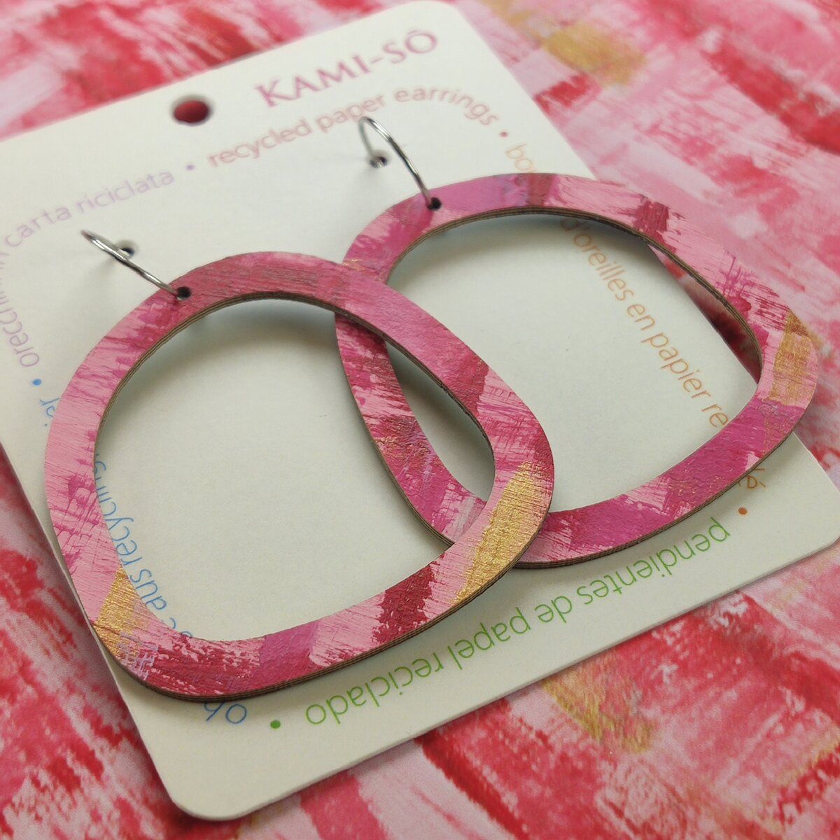 Square Recycled Paper Earrings - Pink & Gold