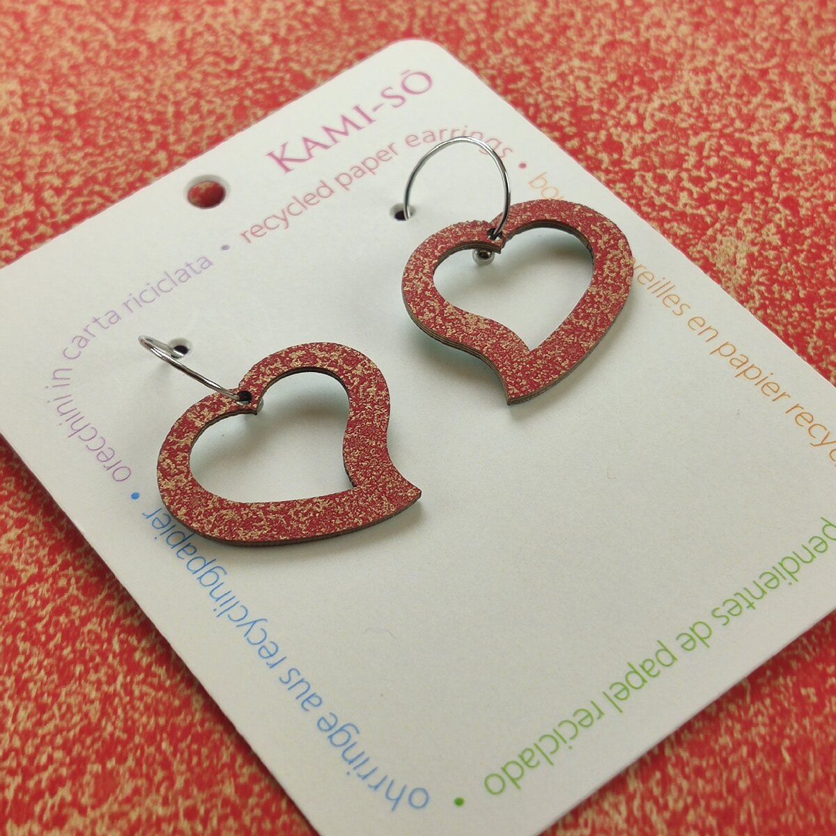 Heart Recycled Paper Earrings - Maroon & Gold Crackle