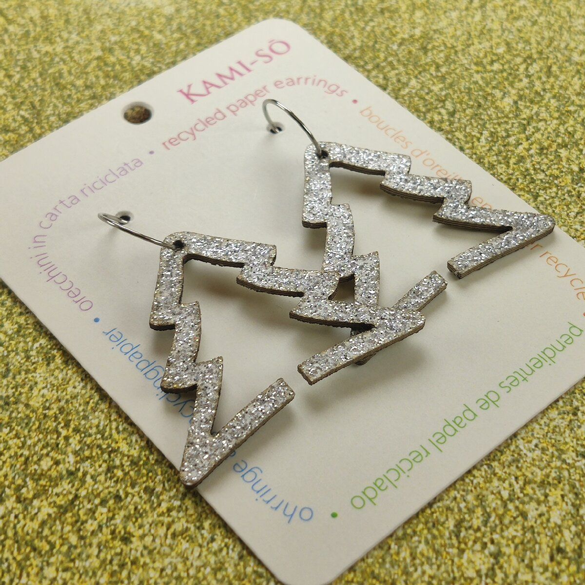 Christmas Tree Recycled Paper Earrings - Silver Sparkle / Gold Sparkle