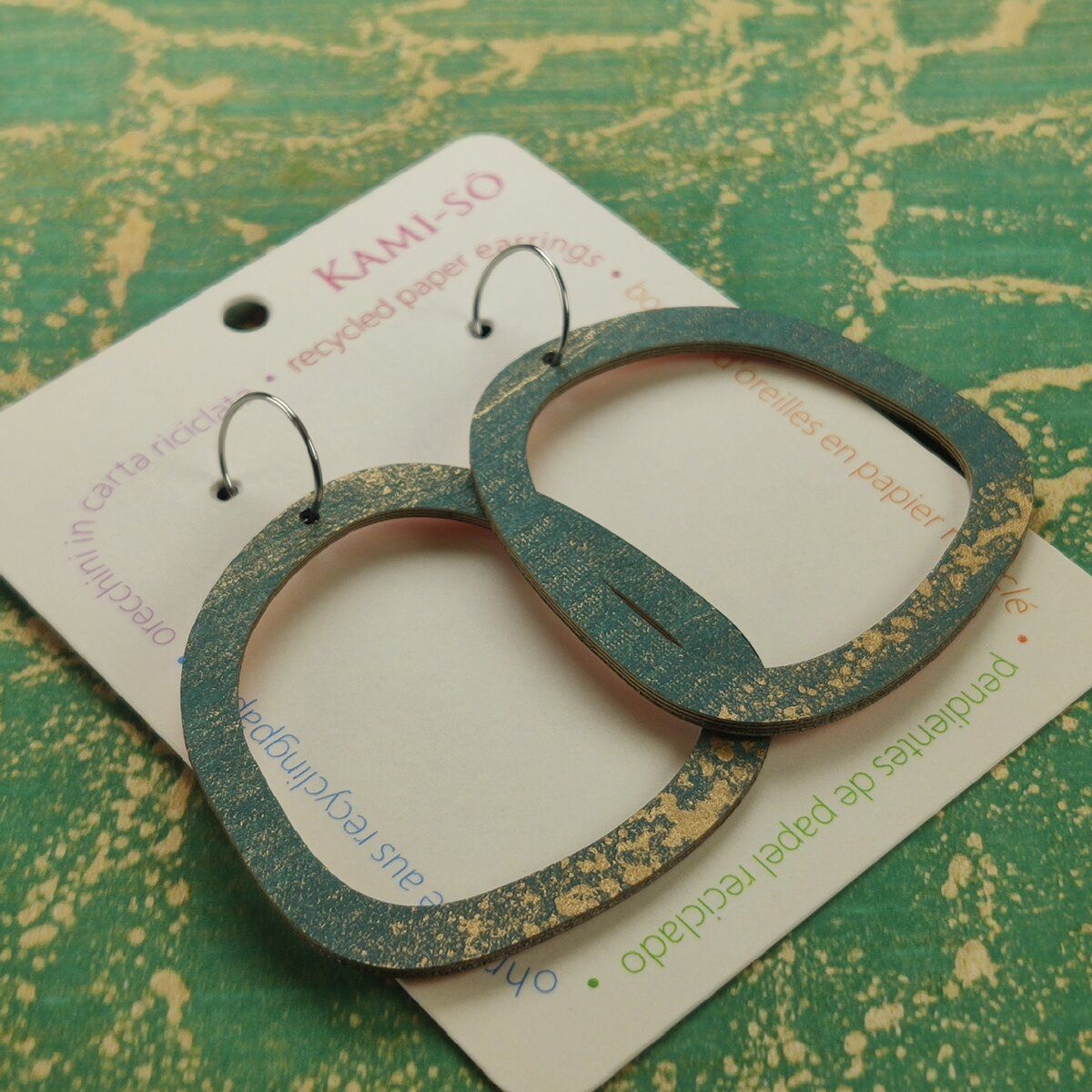 Square Recycled Paper Earrings - Blue & Gold