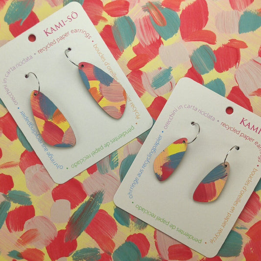 Oval Recycled Paper Earrings - Yellow, Red & Blue