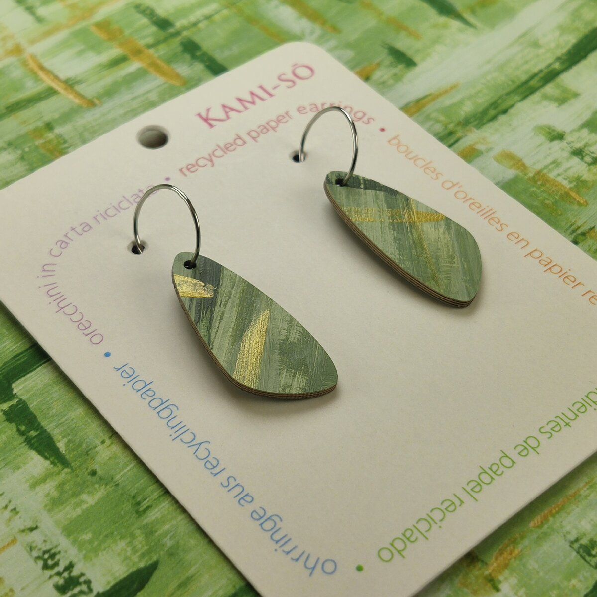 Oval Recycled Paper Earrings - Green & Gold