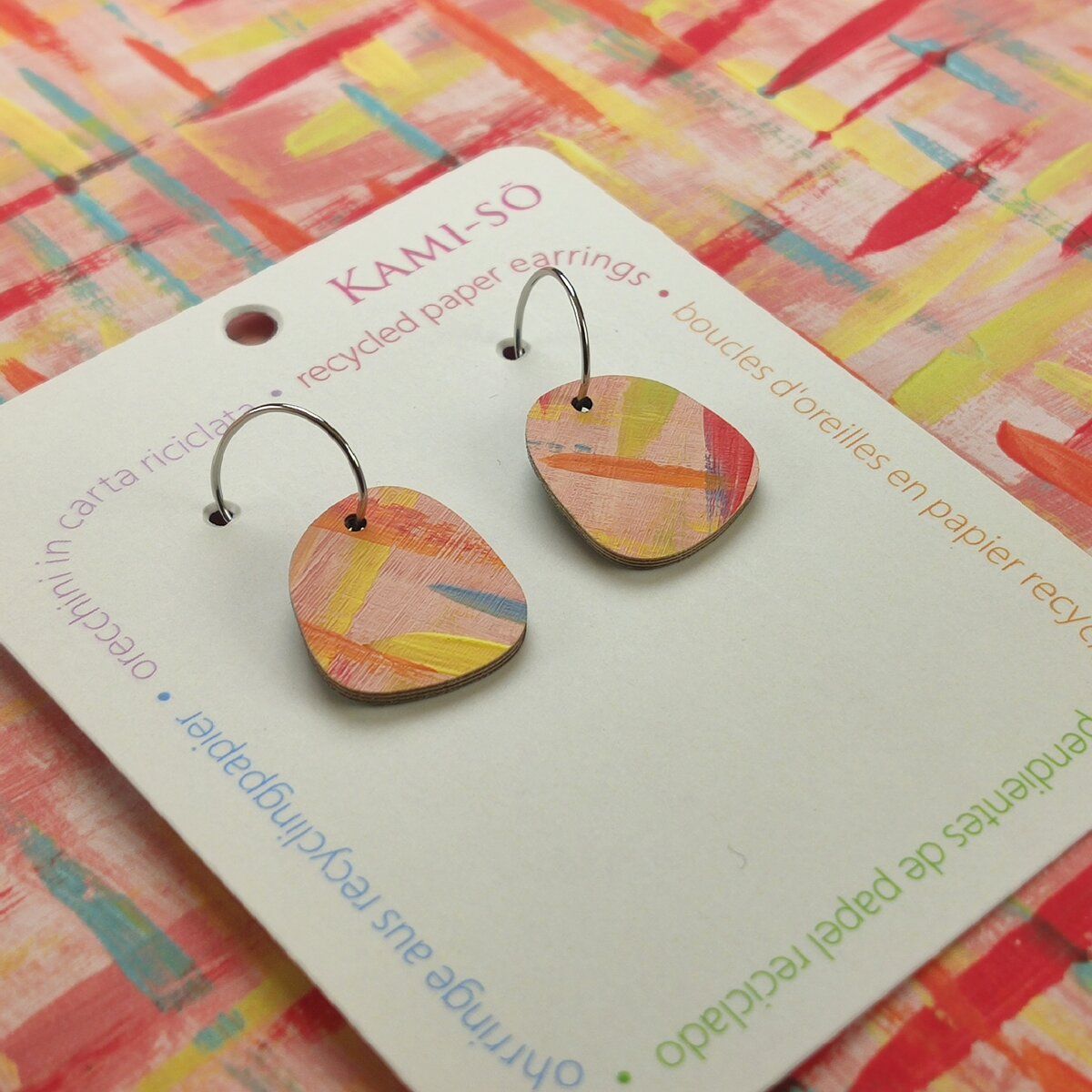 Square Recycled Paper Earrings - Apricot, Red, Blue & Yellow