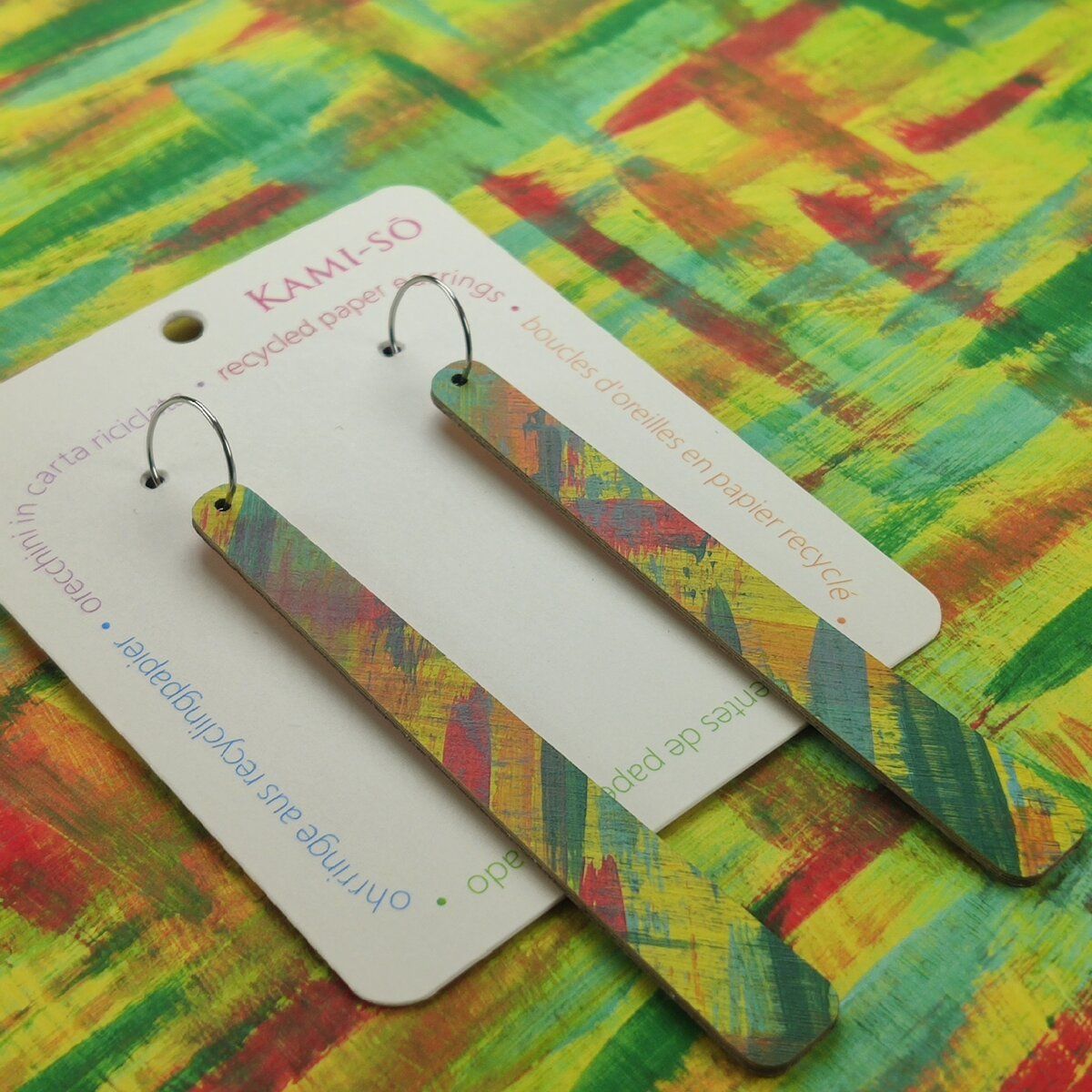 Paddle Recycled Paper Earrings - Yellow, Orange, Blue & Red