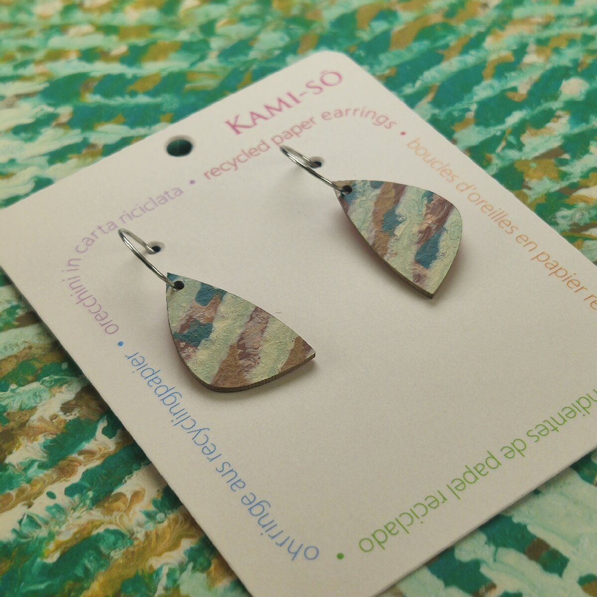 Mini Recycled Paper Earrings - Blue, Green & Cream